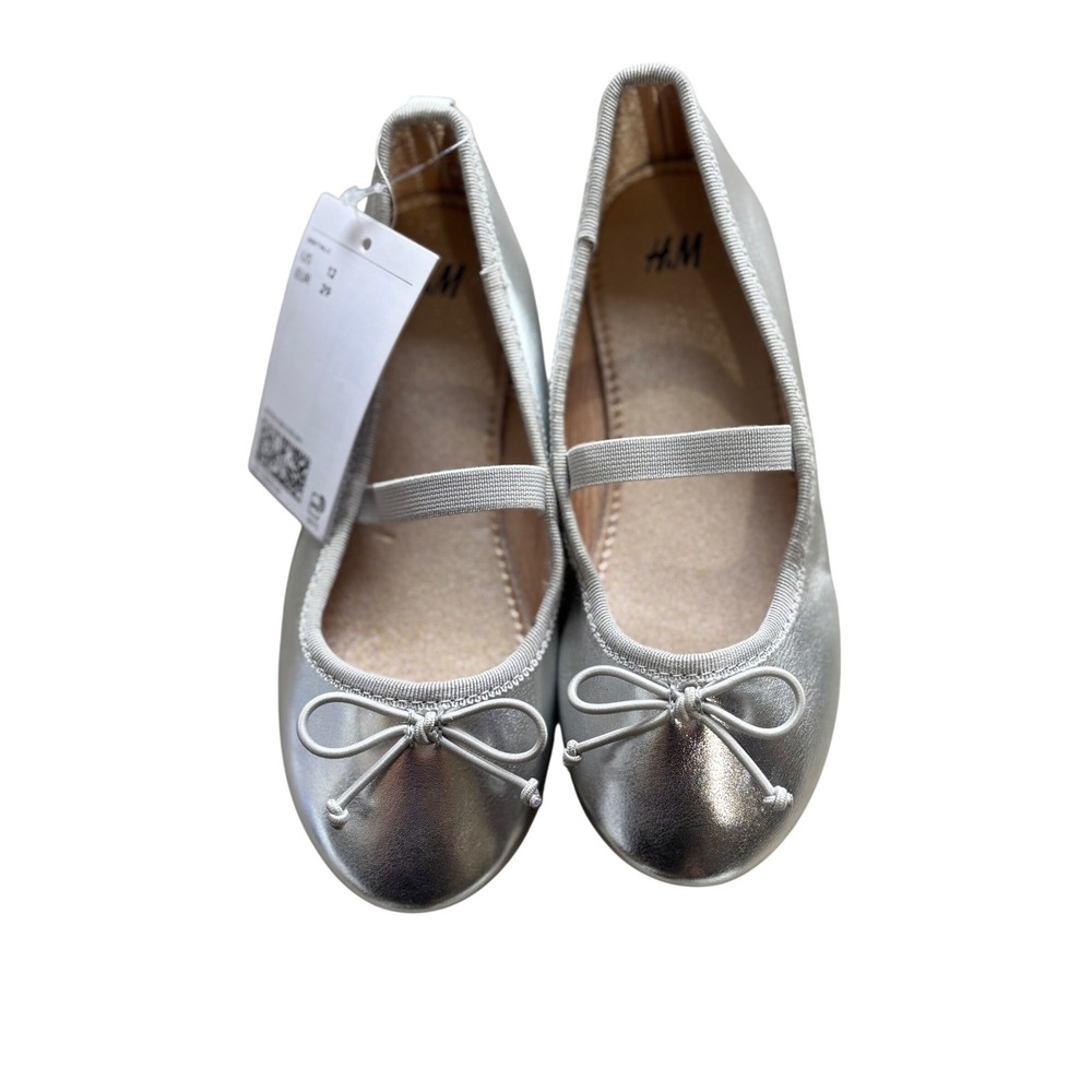 H&M Girls Silver Metallic Ballet Flats Bow Elastic Strap Shoes Size 12 29 NEW